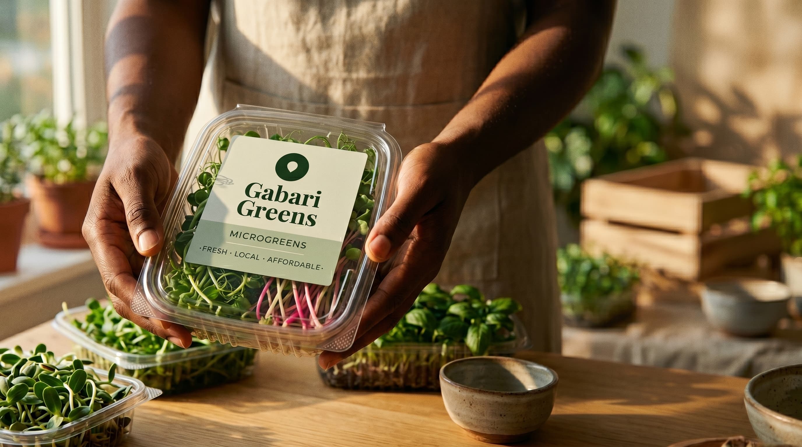 Gabari Greens founder holding freshly harvested microgreens