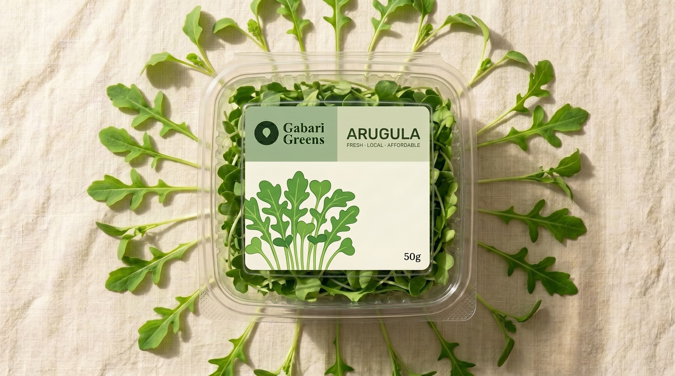 Gabari Greens Arugula microgreens in a 50g clamshell