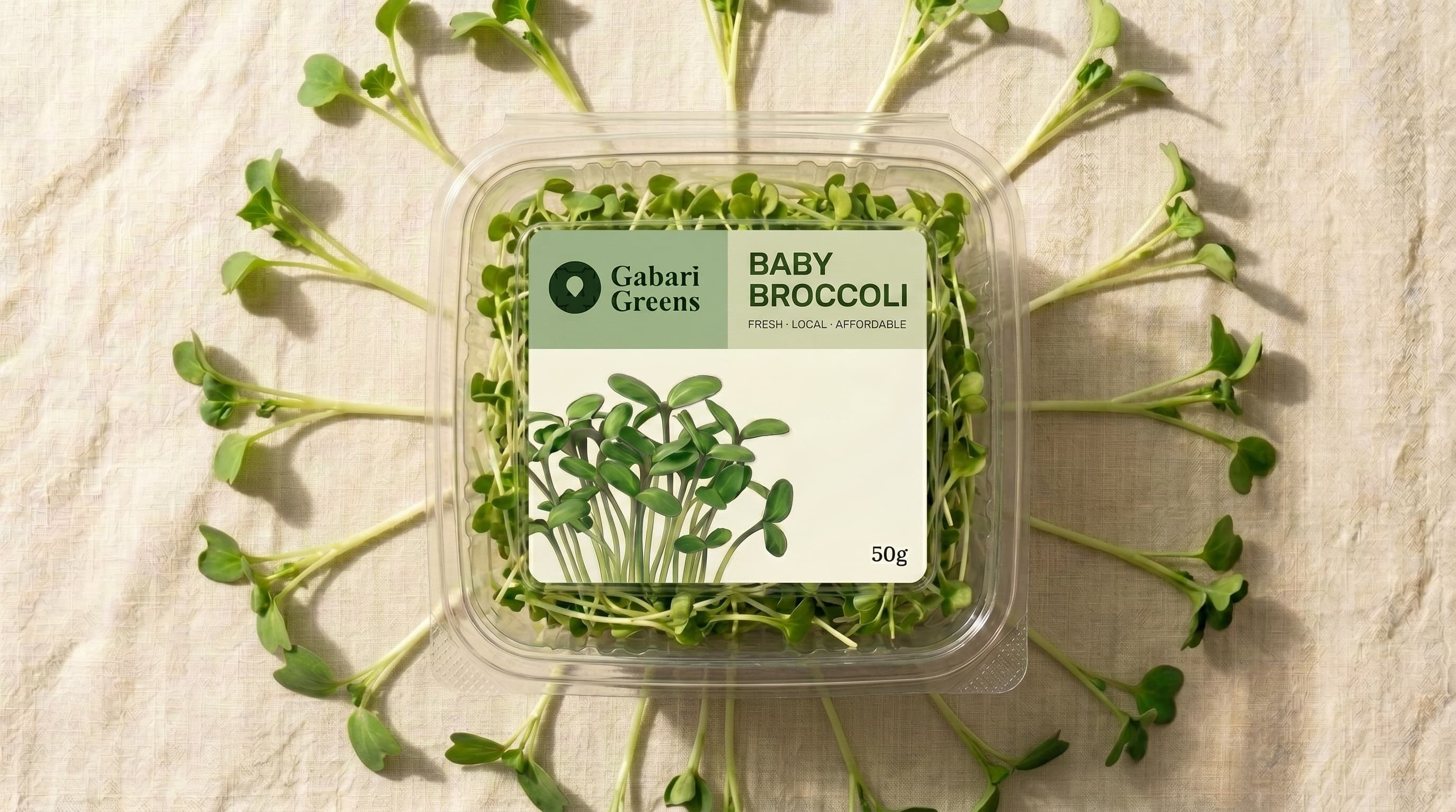 Gabari Greens Broccoli microgreens in a 50g clamshell