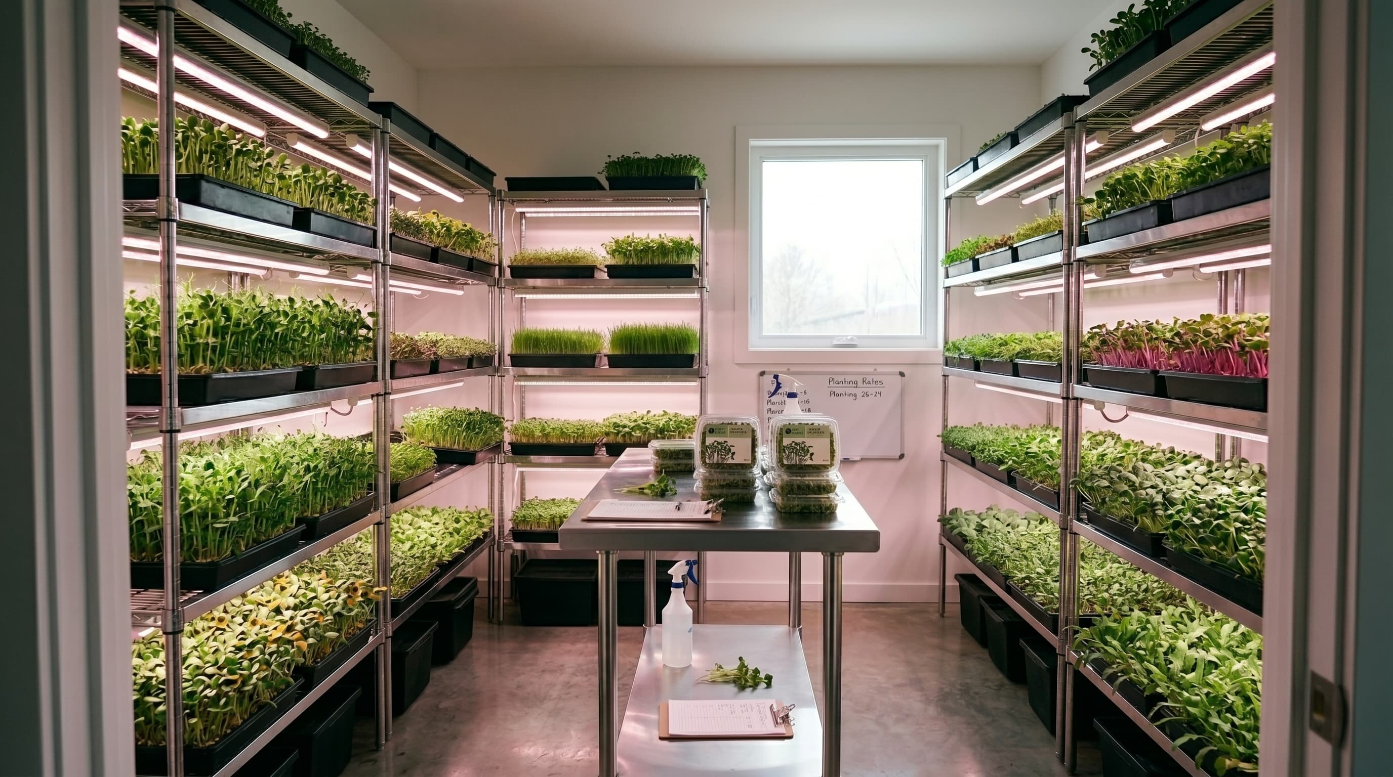 Gabari Greens farm fully operational â grow racks filled with microgreens under LED lights